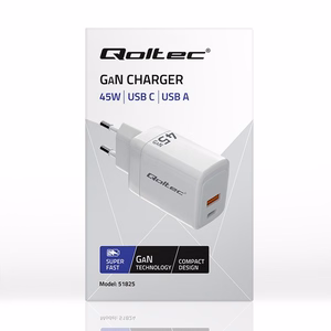 Qoltec 51825 GaN 45W lādētājs, 5-20V, 1.5-3A, 1 x USB-C PD, 1x USB QC 3.0, balts