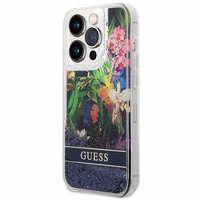 Guess GUHCP14LLFLSB iPhone 14 Pro 6.1 zils / zils kietais viedtālruņa apvalks Flower Liquid Glitter