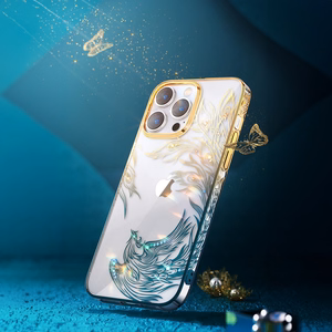 Luksusa iPhone 14 Plus apvalks ar Kingxbar Phoenix kristāliem - zelta un zils