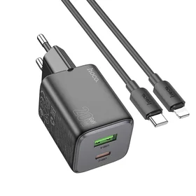 Lādētājs Hoco USB A + USB C QC PD 3A 20W + kabelis USB C uz Lightning N41 melns