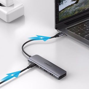 Ugreen CM195 6in1 adapteris USB-C - HDMI / 2x USB-A 3.0 / USB-C PD / SD / TF lasītājs - pelēks