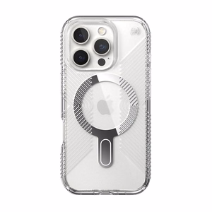 Speck Presidio Perfect-Clear Grip ClickLock & MagSafe vāciņš ierīcei iPhone 16 Pro, caurspīdīgs / hroma apdare / Serene Silver