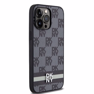 DKNY Ādas rūtainais mono raksts un drukātās svītras viedtālruņa apvalks iPhone 14 Pro Max - melns