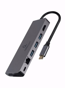 Gembird A-CM-COMBO5-05 USB Type-C 5-in-1 daudzportu adapteris (sadalītājs + HDMI + PD + karšu lasītājs + LAN)