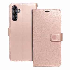 MEZZO grāmatas tipa viedtālruņa apvalks SAMSUNG A14 4G / A14 5G ar mandalas rakstu, rozā zelta krāsā