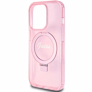 Guess viedtālruņa apvalks ar statīvu Ring Stand Script Glitter magnētiskais iPhone 15 Pro - rozā