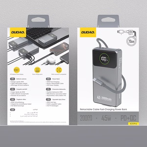 Dudao K31 Pro 45W 20000mAh portatīvais lādētājs ar iebūvētu izbīdāmu USB-C kabeli - pelēka