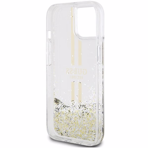 Guess Liquid Glitter Gold Stripes viedtālruņa apvalks iPhone 15 Plus / 14 Plus - caurspīdīgs