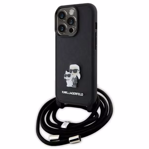 Karl Lagerfeld krustveida Saffiano metāla piespraude Karl & Choupette viedtālruņa apvalks iPhone 15 Pro - melns