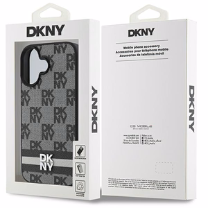 DKNY šachī raksts un drukātas svītras iPhone 16 apvalks melns