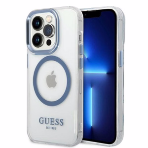 Guess GUHMP14XHTRMB iPhone 14 Pro Max 6.7" zils cietais viedtālruņa apvalks ar metāla kontūru, magnētiskais (MagSafe)