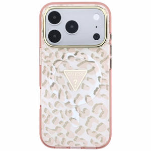 Guess IML Leopard Glitter Triangle Logo MagSafe maciņš modelim iPhone 17 Pro Max / 18 Pro Max – krāsa: rozā