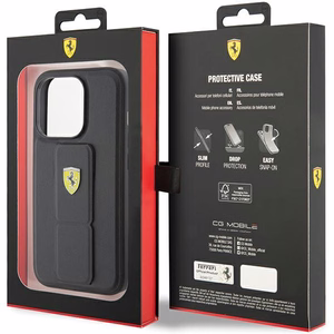 Ferrari Grip Stand Metal Logo apvalks iPhone 15 Pro – melns