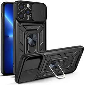 Hybrid Armor Camshield viedtālruņa apvalks iPhone 13 Pro bruņu apvalks ar kameras vāciņu melns