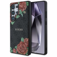 Guess ādas 4G ziedu raksta metāla klasiskais logotips magnētiskais viedtālruņa apvalks Samsung Galaxy S25 Ultra - melns