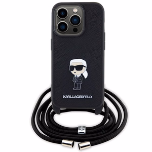 Karl Lagerfeld krustveida Saffiano monogramma metāla piespraude Karl & Choupette viedtālruņa apvalks iPhone 15 Pro - melns