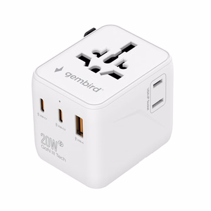 Gembird TPA-1A2C20-01-W universāls ceļojumu barošanas adapteris, 20 W, balts