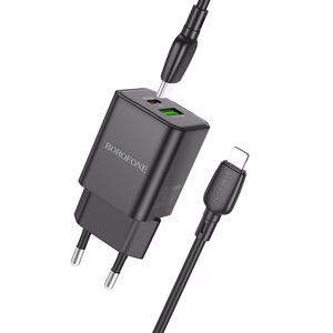 Borofone Sienas lādētājs BN14 Royal GaN - USB + Type C - QC 3.0 PD 30W ar Type C uz Lightning kabeli melns