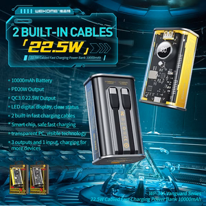WEKOME WP-345 Vanguard Series ārējais akumulators, 10000 mAh, PD 20 W + QC 22,5 W, ar iebūvētiem USB-C un Lightning kabeļiem, dzeltens