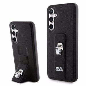 Karl Lagerfeld Gripstand Saffiano Karl&Choupette Pins viedtālruņa apvalks Samsung Galaxy S23 FE - melns