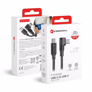 Kabelis USB C uz USB C Forcell F-Energy QC4.0 PD 5A 100W Cafule 90° 1,2 m CC-1Deg melns