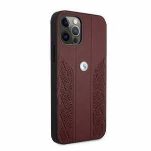 BMW Ādas izliekts perforēts viedtālruņa apvalks iPhone 12 Pro Max - sarkans