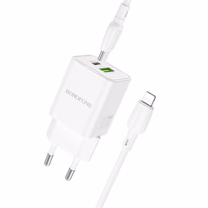 Borofone Wall Charger BN14 Royal GaN - USB + Type C - QC 3.0 PD 30W with Type C to Lightning cable white