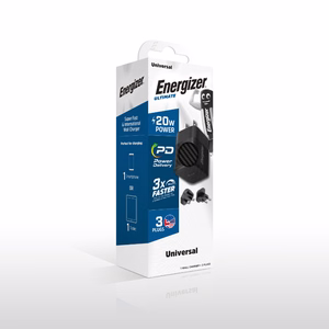 Energizer Ultimate A20MU GaN ceļojumu sienas lādētājs ar EU / UK / US spraudņiem, USB-C, 20 W PD, melns