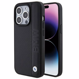 BMW ādas teksturēts un svītras viedtālruņa apvalks iPhone 15 Pro - melns