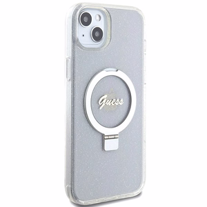 Guess GUHMP15MHRSGSD iPhone 15 Plus / 14 Plus 6.7" caurspīdīgs/caurspīdīgs cietais apvalks Gredzena Statīvs Script Glitter Magnētiskais