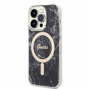 Komplekts Guess GUBPP14LHMEACSK apvalks + lādētājs iPhone 14 Pro 6.1" melns/melns cietais apvalks Marble Magnētiskais