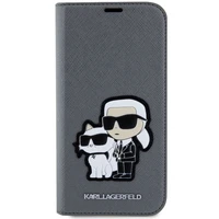 Karl Lagerfeld KLBKP14SSANKCPG iPhone 14 6.1" grāmatas tipa apvalks sudraba Saffiano Karl & Choupette