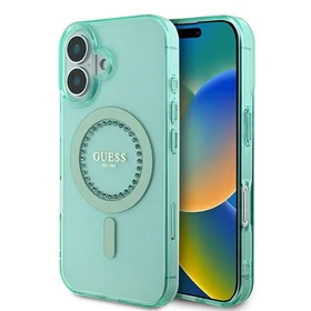 Guess IML Rhinestones Magnētiskais viedtālruņa apvalks iPhone 16 Plus - zaļš