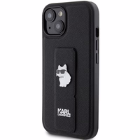 Karl Lagerfeld Gripstand Saffiano Choupette Pins apvalks viedtālrunim iPhone 15 Plus / 14 Plus - melns