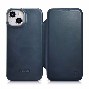 iCarer CE Premium ādas folio vāciņš iPhone 14 Plus ar MagSafe magnētisku flip vāciņu - zilā krāsā