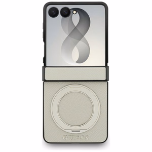 Bēšs Guess Magnetic Ring Stand Grained Classic Logo MagSafe vāciņš Samsung Galaxy Z Flip8