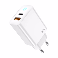 JELLICO sienas lādētājs EU13 GaN PD 30W 1xUSB-C + 1xUSB QC3.0 + kabelis USB-C - USB-C Balts