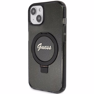 Guess viedtālruņa apvalks ar statīvu Ring Stand Script Glitter magnētiskais iPhone 15 Plus / 14 Plus - melns