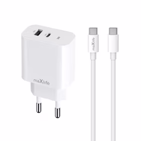 Maxlife MXTC-06-30AC PD QC lādētājs 1x USB-C 1x USB 30W balts + USB-C - USB-C kabelis 60W