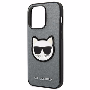 Karl Lagerfeld Saffiano Choupette Head Patch viedtālruņa apvalks iPhone 14 Pro - sudraba