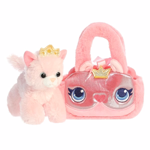 Fancy Pals videi draudzīga princeses kaķenes plīša rotaļlieta ar zelta kroni rozā somiņā, 20 cm