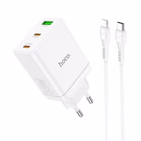 Lādētājs Hoco 2 x USB C + USB A QC3.0 PD 3A 35W N33 + Kabelis USB C uz Lightning N33 balts