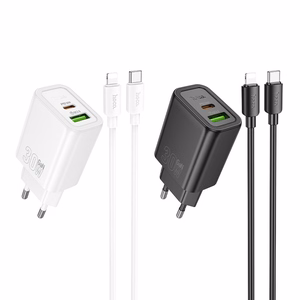 Lādētājs Hoco N63 30W GaN USB-C/USB-A + USB-C uz Lightning kabelis 1.0m, balts