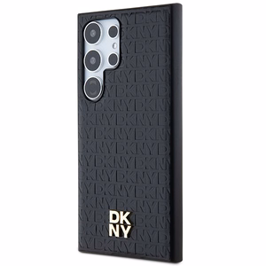 DKNY Ādas raksta metāla logotips Magnētiskais viedtālruņa apvalks Samsung Galaxy S24 Ultra - melns