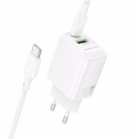 Borofone Lādētājs BN29 USB + Type C - QC 3.0 PD 30W ar Type C uz Type C kabeli balts