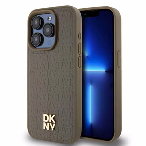 DKNY Ādas raksta ar metāla logotipu magnētiskais viedtālruņa apvalks iPhone 14 Pro - brūns