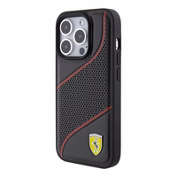 Ferrari Perforated Waves Metal Logo viedtālruņa apvalks iPhone 15 Pro - melns