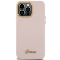 Guess Silicone Script Metal Logo & Frame viedtālruņa apvalks iPhone 15 Pro - rozā