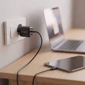 Tech-Protect NCA100W-GaN 3 pieslēgvietu 100 W PD 3.2/QC 3.0 tīkla barošanas adapteris – melns