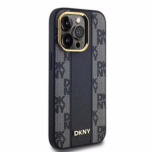 DKNY Ādas rūtainais magnētiskais apvalks iPhone 14 Pro - melns